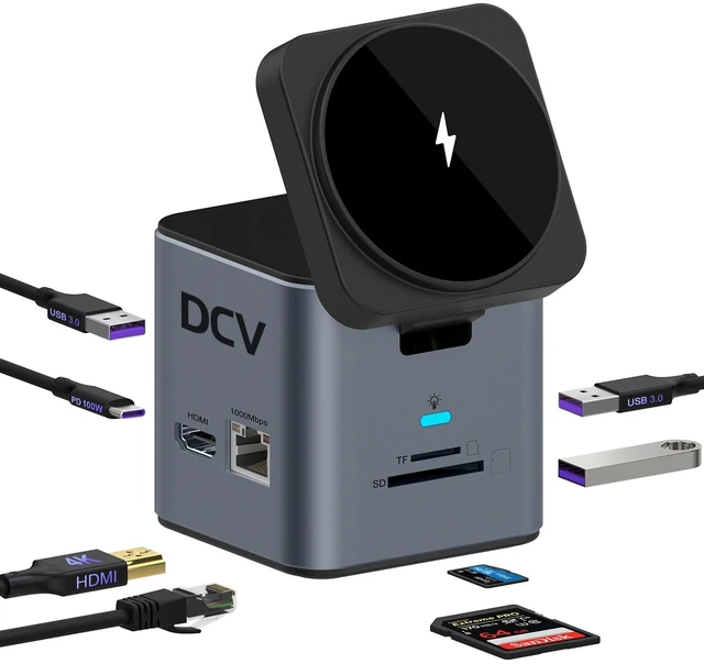 Main image of USB C Laptop Docking Station, 9 in 1 Hub with MagSafe Charger, Dark Gray USB C Hub Multiport Adapter,4K HDMI, 1Gbps Ethernet,3 USB 3.0, SD/TF,for MacBook/Dell/HP/Lenovo/iPhone, MagSafe Charger Stand