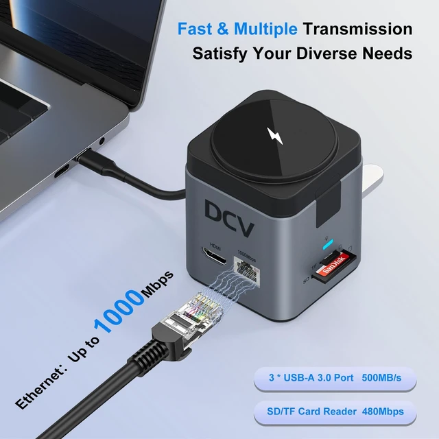 Alt view image 4 of 7 - USB C Laptop Docking Station, 9 in 1 Hub with MagSafe Charger, Dark Gray USB C Hub Multiport Adapter,4K HDMI, 1Gbps Ethernet,3 USB 3.0, SD/TF,for MacBook/Dell/HP/Lenovo/iPhone, MagSafe Charger Stand
