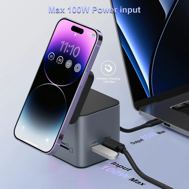 Alt view image 5 of 7 - USB C Laptop Docking Station, 9 in 1 Hub with MagSafe Charger, Dark Gray USB C Hub Multiport Adapter,4K HDMI, 1Gbps Ethernet,3 USB 3.0, SD/TF,for MacBook/Dell/HP/Lenovo/iPhone, MagSafe Charger Stand