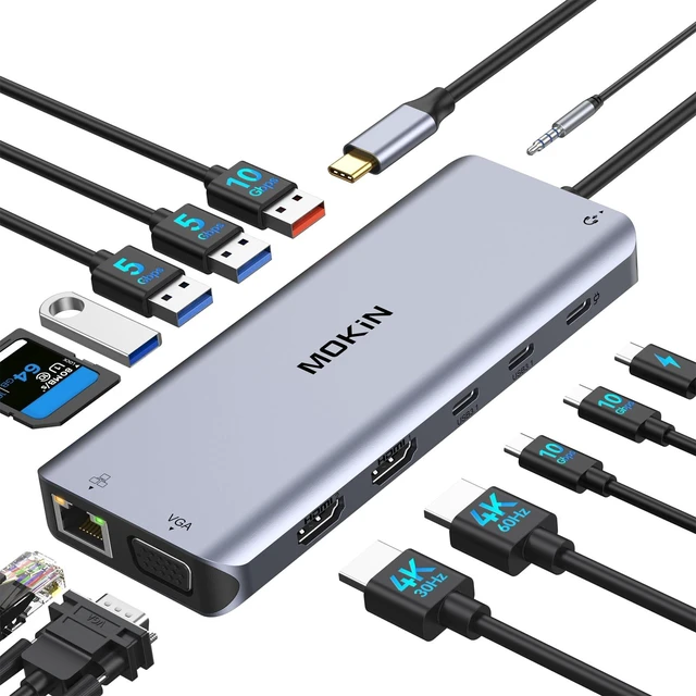 Main image of USB C Laptop Docking Station Dual Monitor, 14 in 1 Docking Station 3 Monitors Multiport Adapter with 2 HDMI 4K, VGA, RJ45 Ethernet, 10Gbps USB C/A, 100W PD, SD/Micro SD, 3.5MM Audio&Mic for Dell HP