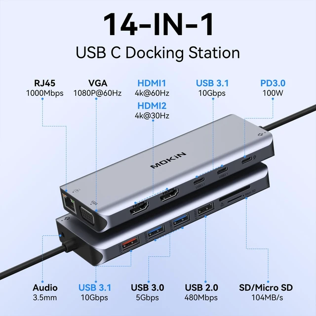 Alt view image 2 of 7 - USB C Laptop Docking Station Dual Monitor, 14 in 1 Docking Station 3 Monitors Multiport Adapter with 2 HDMI 4K, VGA, RJ45 Ethernet, 10Gbps USB C/A, 100W PD, SD/Micro SD, 3.5MM Audio&Mic for Dell HP
