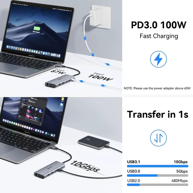 Alt view image 6 of 7 - USB C Laptop Docking Station Dual Monitor, 14 in 1 Docking Station 3 Monitors Multiport Adapter with 2 HDMI 4K, VGA, RJ45 Ethernet, 10Gbps USB C/A, 100W PD, SD/Micro SD, 3.5MM Audio&Mic for Dell HP