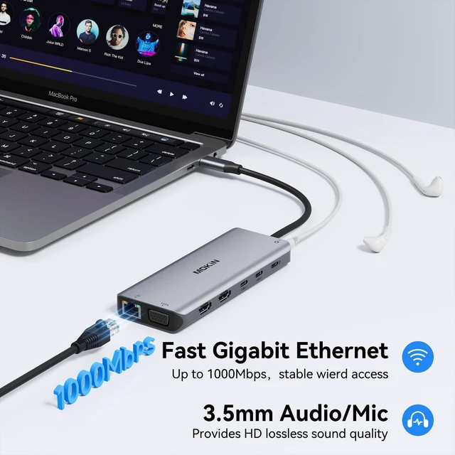 Alt view image 7 of 7 - USB C Laptop Docking Station Dual Monitor, 14 in 1 Docking Station 3 Monitors Multiport Adapter with 2 HDMI 4K, VGA, RJ45 Ethernet, 10Gbps USB C/A, 100W PD, SD/Micro SD, 3.5MM Audio&Mic for Dell HP
