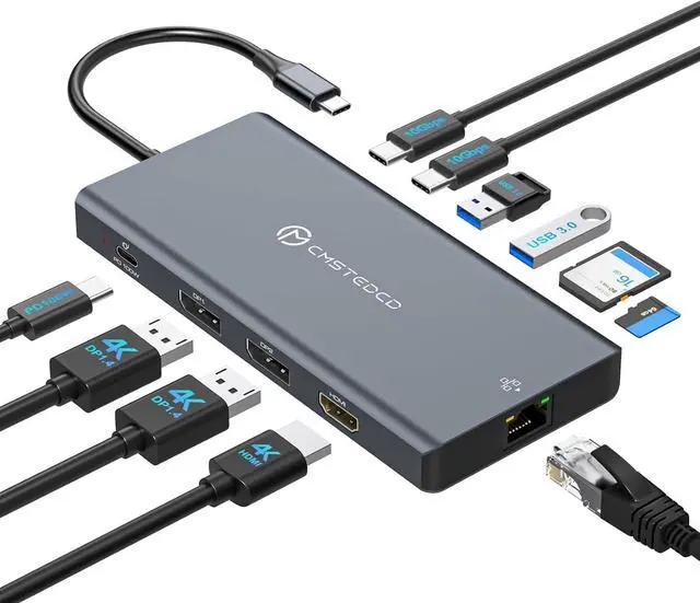 Main image of USB C Laptop Docking Station 3 Monitors with Dual DisplayPort 4K@120Hz and HDMI 4K@60Hz, 12 in 1 Thunderbolt Hub with USB A 3.0, USB C 3.2, Ethernet, SD, TF, PD 100W
