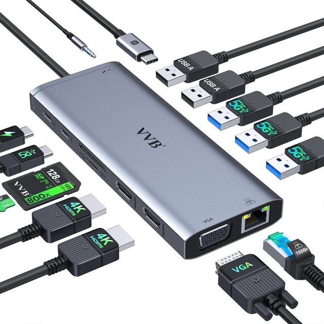 Main image of USB C Docking Station Dual Monitor HDMI for Dell HP Lenovo Laptop,14 in 1 Docking Station to 2 HDMI Port 4K+VGA USB Type C Hub Multiport Adapter Dongle Dock,USB C to Ethernet+5 USB+SD/TF+100W PD+Audio
