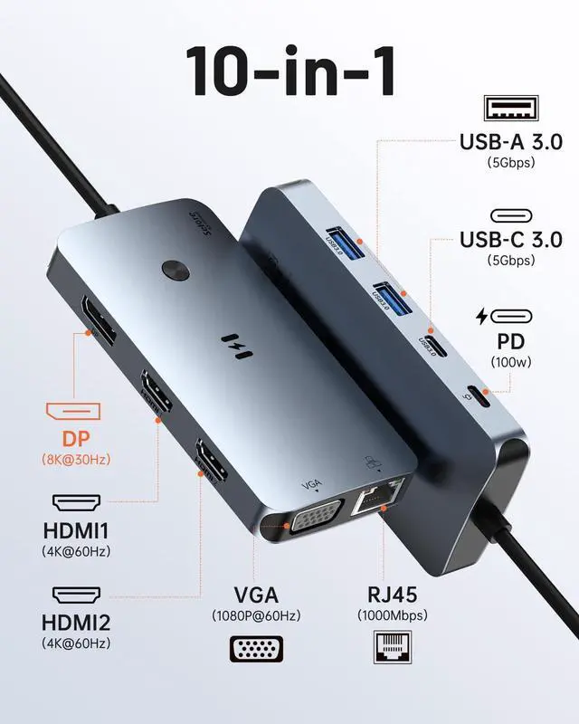 Alt view image 2 of 7 - USB C Docking Station Dual Monitor Adapter, Laptop Docking Station 3 Monitors Quad Display with 2 HDMI, DP, VGA, Ethernet, 3 USB A&C 3.0, 100W PD, USB C Hub Dongle for DELL, HP and More