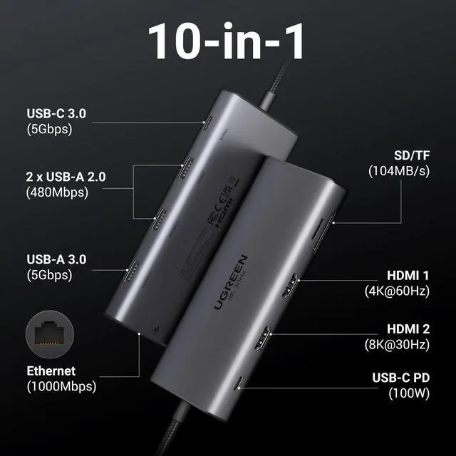 Alt view image 2 of 7 - 10-in-1 USB C Docking Station, Dual HDMI 4K@60Hz, Single 8K@30Hz, 100W PD, 5Gbps USB C&A Data Ports, Gigabit Ethernet, SD/TF 3.0 Card Reader, Revodok Pro 210 USB-C Hub Compatible for HP, Dell