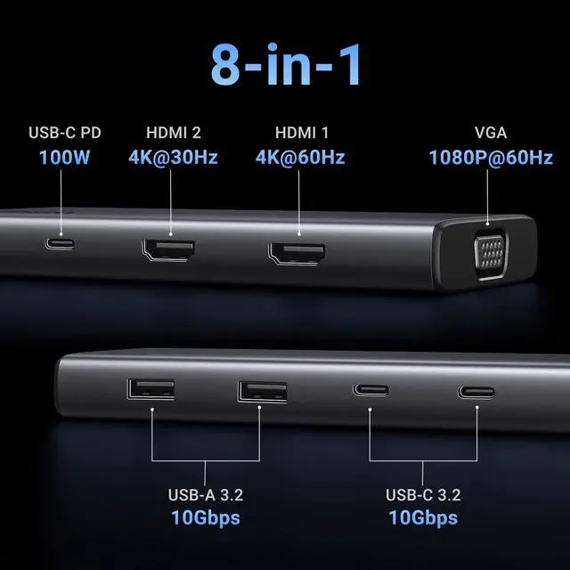 Alt view image 2 of 7 - 8 in 1 USB C 4K Docking Station Dual Monitor, Triple Display USB C Hub with 2 HDMI, VGA, 2 USB A&C 3.2 Ports, 100W PD, Compatible for MacBook, Dell, HP, Lenovo, Surface etc