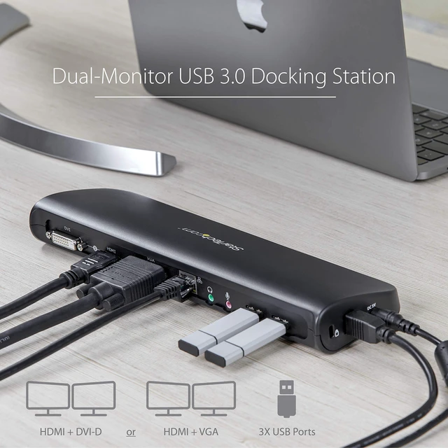 Alt view image 2 of 7 - Dual Monitor USB 3.0 Laptop Docking Station with HDMI/DVI/VGA, 3x USB-A Hub, GbE, Audio, Universal Type-A Dock for Windows/macOS/ChromeOS - TAA Compliant (USB3SDOCKHDV)