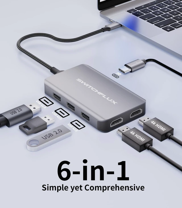 Alt view image 2 of 7 - Laptop Docking Station Dual Monitor, USB C to Dual HDMI Adapter | 6 in 1 USB C Hub with 4K60Hz HDMI,3USB Port,100WPD Charging Ports,Compatible for MacBook Air/Pro,iPad Pro,Dell XPS