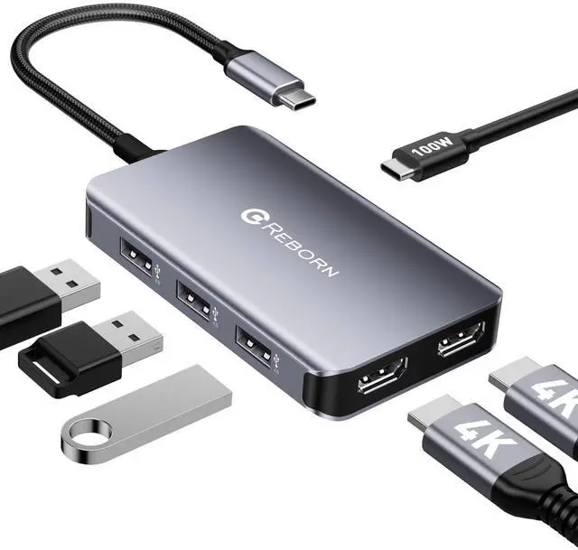 Main image of USB C Hub to Dual HDMI 4K, Docking Station Dual Monitor for Laptop, 6-in-1 USBC Dongle Adapter with 100W PD, 3 USB Ports, Portable HDMI Splitter Extended Display for Lenovo, HP, Dell, Surface