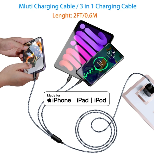 Alt view image 4 of 7 - Multi Charging Cable 2Pack 2FT 3 in 1 Short Apple MFi Certified Cord | Nylon Braided Charger Cord Lightning USB-C Micro Universal Phone Charging Cable for iPhone5-14 and Android Devices