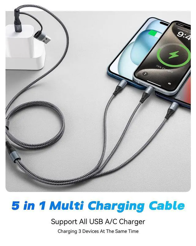 Alt view image 2 of 7 - 5 in 1 Multi Charging Cable,USB A/C Multiple Charger Cable with USB C/Lightning/Micro Ports,Travel Essential Charging Cords for Multiple Devices for iPhone 17-8/iPad/Galaxy/Tablets/Android -2Pack/4Ft