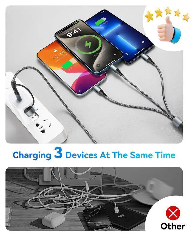 Alt view image 6 of 7 - 5 in 1 Multi Charging Cable,USB A/C Multiple Charger Cable with USB C/Lightning/Micro Ports,Travel Essential Charging Cords for Multiple Devices for iPhone 17-8/iPad/Galaxy/Tablets/Android -2Pack/4Ft