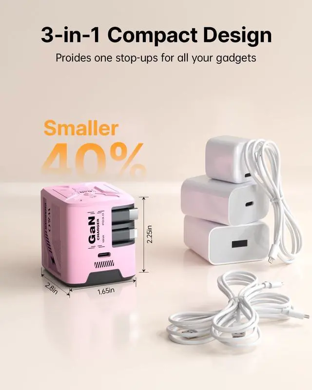 Alt view image 2 of 7 - Fast Charger for iPhone17/16/15,60W gan Charger,Retractable Phone Charger Wall Plug with Lightening and Type-C Cables for iPhone, Galaxy S25/24,Android and More (Pink)