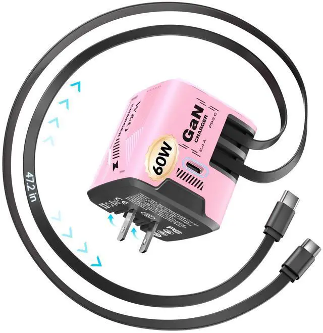 Main image of Fast Charger for iPhone17/16/15,60W gan Charger,Retractable Phone Charger Wall Plug with Lightening and Type-C Cables for iPhone, Galaxy S25/24,Android and More (Pink)