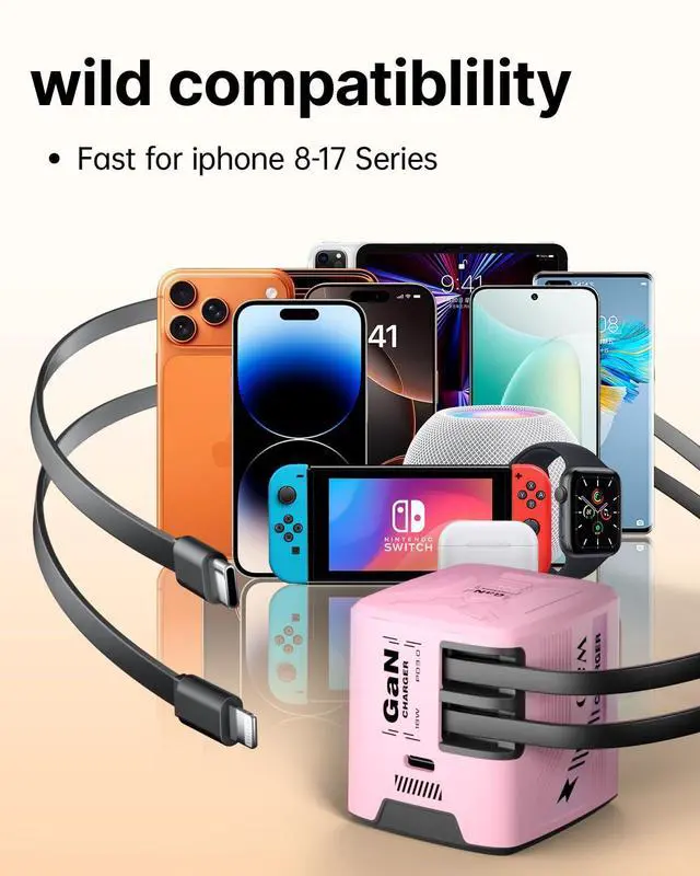 Alt view image 7 of 7 - Fast Charger for iPhone17/16/15,60W gan Charger,Retractable Phone Charger Wall Plug with Lightening and Type-C Cables for iPhone, Galaxy S25/24,Android and More (Pink)