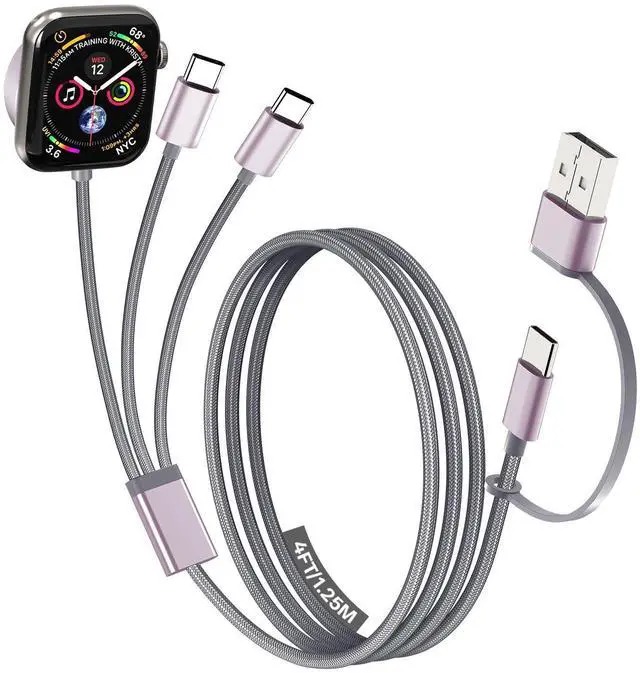 Main image of Travel Essentials for Apple Watch Charger, Multi Charging Cable for iPhone Charger, 3 in 2 USB C Cable Cord Compatible with iPhone 17-15 Series/Watch Ultra/10-1/Galaxy S25-20, iPad (Grey, 4FT)