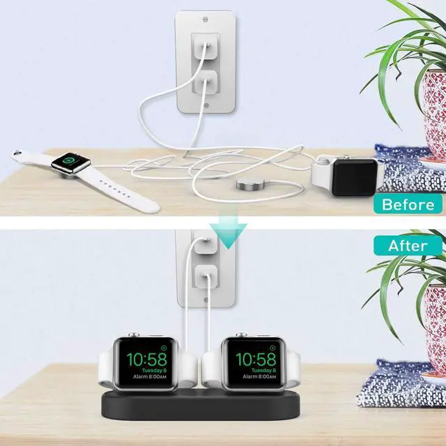 Alt view image 4 of 7 - Dual Charger Stand Holder (Charger Not Included) Compatible with Apple Watch Ultra 3/2/1, SE 3/2/1, Series 11 10 9 8 7 6 5 4 3 Silicone Double iWatch Charging Stand