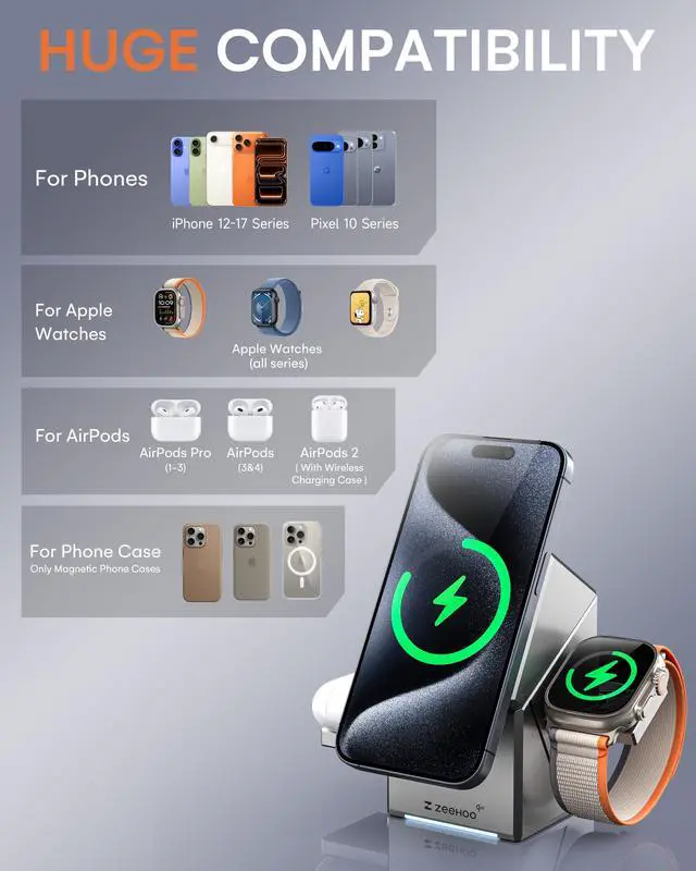 Alt view image 5 of 7 - 3 in 1 Charging Station for Apple, Mag-Safe for iPhone Charger, Qi2 Certified Rotating Wireless Charger Stand for iPhone 17,16,15,14,13,12 Series, Apple Watch, AirPods (USB-C Charger Included)