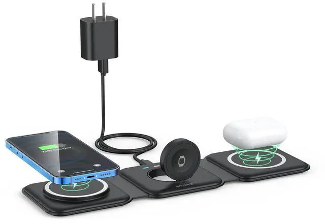 Main image of Wireless Charger 3 in 1, Magnetic Traval Wireless Charging Station GaN Compatible with Apple Magsafe Multiple Devices for iphone17/16/15/14/13/Pro/Max,iWatch,AirPods4/3/2/Pro(Adapter Includes)