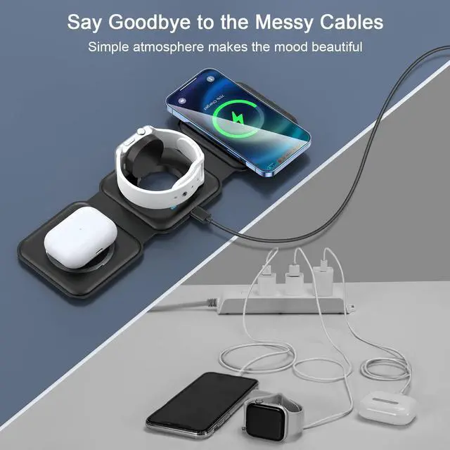 Alt view image 4 of 7 - Wireless Charger 3 in 1, Magnetic Traval Wireless Charging Station GaN Compatible with Apple Magsafe Multiple Devices for iphone17/16/15/14/13/Pro/Max,iWatch,AirPods4/3/2/Pro(Adapter Includes)