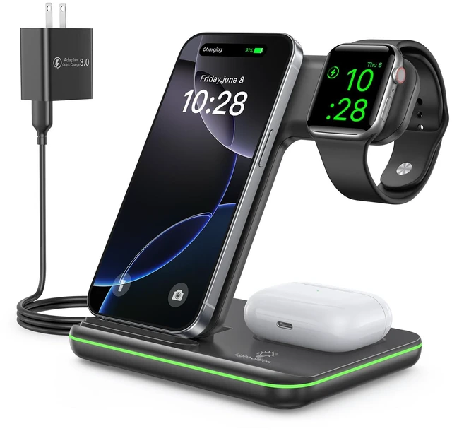 Main image of WAITIEE Foldable Wireless Charger for iPhone 17 16 15 14 13 12 11 X 8, 3 in 1 Charging Station for Apple Watch & for AirPods (Black)