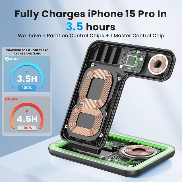 Alt view image 2 of 7 - WAITIEE Foldable Wireless Charger for iPhone 17 16 15 14 13 12 11 X 8, 3 in 1 Charging Station for Apple Watch & for AirPods (Black)