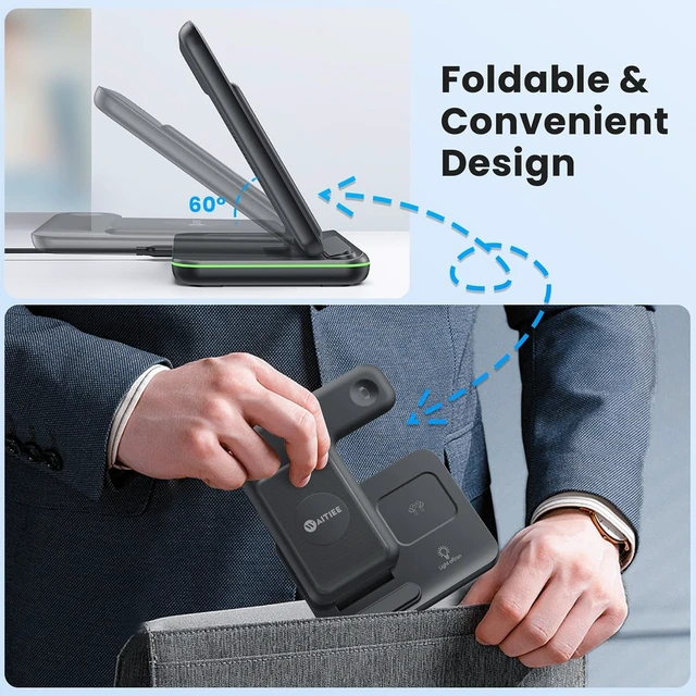Alt view image 4 of 7 - WAITIEE Foldable Wireless Charger for iPhone 17 16 15 14 13 12 11 X 8, 3 in 1 Charging Station for Apple Watch & for AirPods (Black)