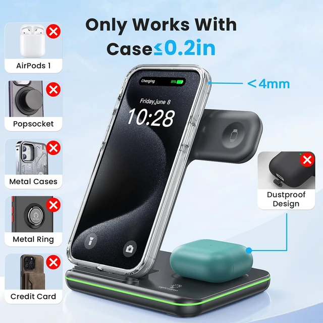 Alt view image 6 of 7 - WAITIEE Foldable Wireless Charger for iPhone 17 16 15 14 13 12 11 X 8, 3 in 1 Charging Station for Apple Watch & for AirPods (Black)