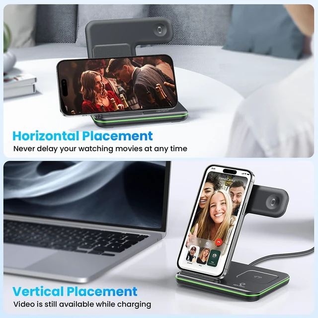 Alt view image 7 of 7 - WAITIEE Foldable Wireless Charger for iPhone 17 16 15 14 13 12 11 X 8, 3 in 1 Charging Station for Apple Watch & for AirPods (Black)