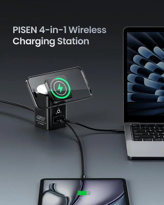 Alt view image 2 of 7 - 4-in-1 Mag-Safe Wireless Charger - 45W GaN Charging Station for Multiple Devices, Qi Certified Mag-Safe Stand Magnetic Wireless Charger Fast Charging for iPhone 16/15/14/13/12, Samsung, AirPods