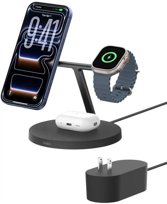 Main image of MagSafe-Compatible iPhone Charger, 3-in-1 Wireless Charging Station, Qi2-Certified 15W Wireless Charge for Apple iPhone 17 Series, Apple Watch, AirPods w/Non-Slip Base, 40W Included - Black