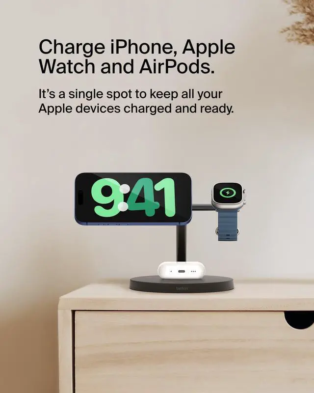 Alt view image 2 of 7 - MagSafe-Compatible iPhone Charger, 3-in-1 Wireless Charging Station, Qi2-Certified 15W Wireless Charge for Apple iPhone 17 Series, Apple Watch, AirPods w/Non-Slip Base, 40W Included - Black