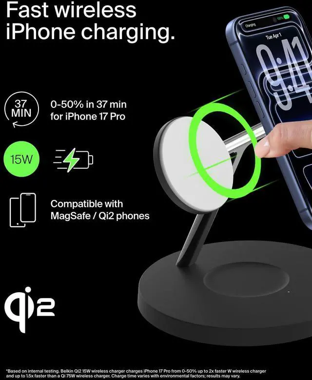 Alt view image 3 of 7 - MagSafe-Compatible iPhone Charger, 3-in-1 Wireless Charging Station, Qi2-Certified 15W Wireless Charge for Apple iPhone 17 Series, Apple Watch, AirPods w/Non-Slip Base, 40W Included - Black
