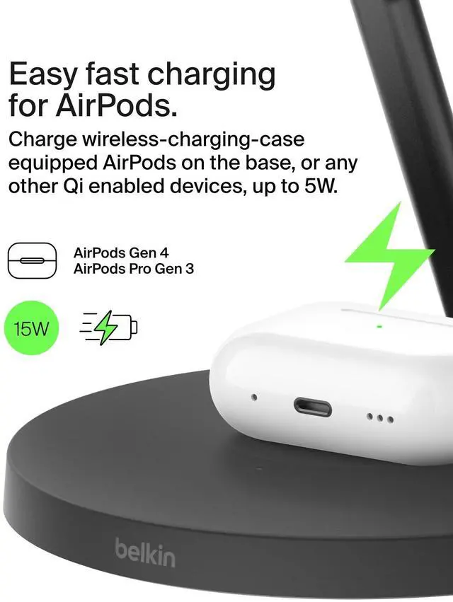 Alt view image 5 of 7 - MagSafe-Compatible iPhone Charger, 3-in-1 Wireless Charging Station, Qi2-Certified 15W Wireless Charge for Apple iPhone 17 Series, Apple Watch, AirPods w/Non-Slip Base, 40W Included - Black