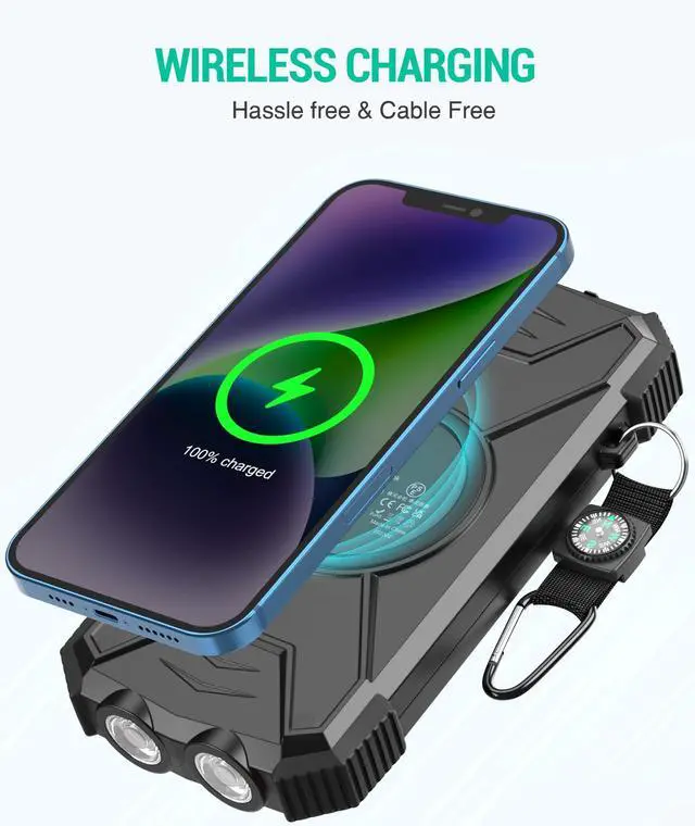 Alt view image 2 of 7 - Solar Power Bank 10,000mAh, Portable Wireless Charger, 20W Fast Charging External Battery Pack with USB C for Cell Phones, Solar Panel Charging with Dual Flashlight for Camping