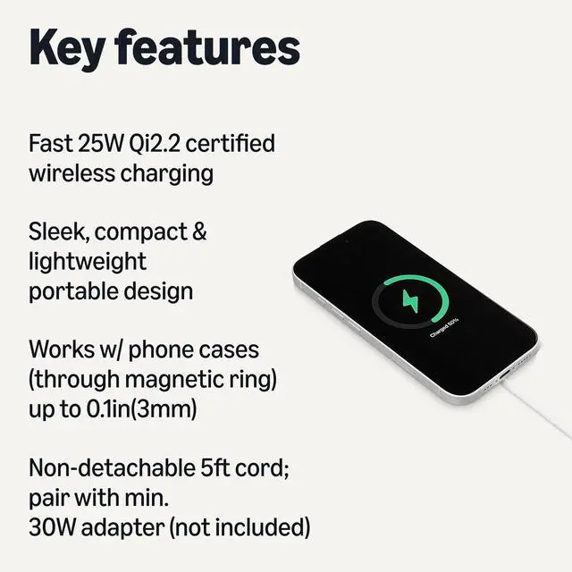 Alt view image 2 of 5 - 25W Qi2.2 Certified Wireless Charging Pad, MagSafe Compatible for iPhone 17/16/15/14/13/12, Magnetic Compatible for Android, Google Smartphones, White (Adapter Not Included)