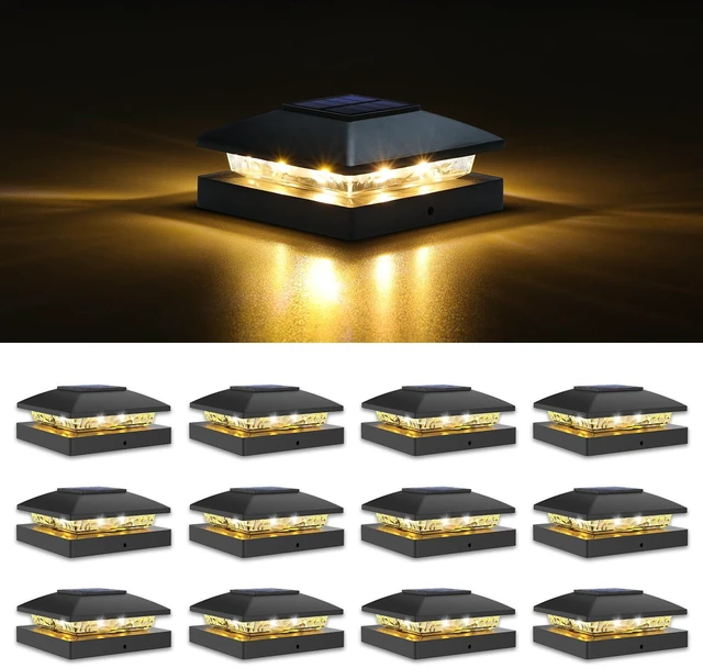 Main image of 4x4 Solar Post Cap Lights, 12 Pack Black Waterproof Fence Lights | Waterproof solar lights fit wooden & vinyl 4x4 posts, warm white illumination for garden, patio and porch outdoor decor
