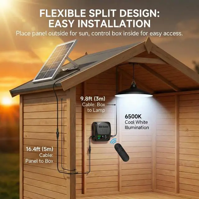 Alt view image 2 of 7 - Solar Shed Lights Indoor Outdoor, 3200LM Motion Sensor Pendant Light Daytime Available with Remote & Button Control, IP65 Waterproof 4 Lighting Modes for Barn Garage Gazebo Chicken Coop Shop - 1 Pack