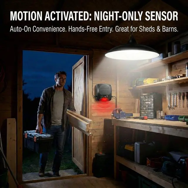 Alt view image 3 of 7 - Solar Shed Lights Indoor Outdoor, 3200LM Motion Sensor Pendant Light Daytime Available with Remote & Button Control, IP65 Waterproof 4 Lighting Modes for Barn Garage Gazebo Chicken Coop Shop - 1 Pack