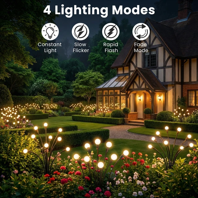 Alt view image 5 of 7 - Solar Lights Outdoor(10 Pack,80 LEDs),Solar Lights Outdoor Waterproof for Garden Decor,4 Modes Firefly Light for Outdoor Decor,Big Bulb High Lumens Patio Decor,Sway by Wind,Gardening Gifts for Women