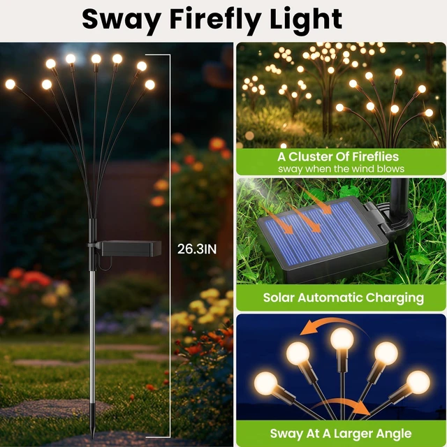 Alt view image 3 of 7 - Solar Lights Outdoor(10 Pack,80 LEDs),Solar Lights Outdoor Waterproof for Garden Decor,4 Modes Firefly Light for Outdoor Decor,Big Bulb High Lumens Patio Decor,Sway by Wind,Gardening Gifts for Women