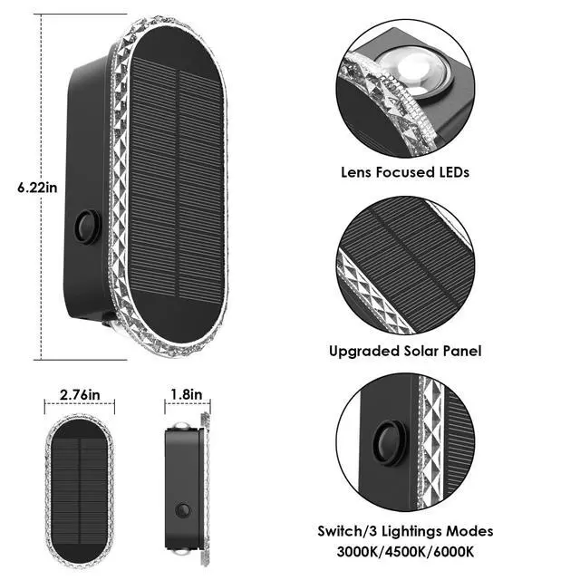 Alt view image 5 of 6 - Solar Fence Lights Outdoor - 3000/4000/6000K 3 Modes, IP65 Waterproof Fence Lights Solar Powered, Up & Down Lighting Solar Wall Lights Outdoor for Backyard/Garden/Patio/Garage and Wall decor (8 pack)