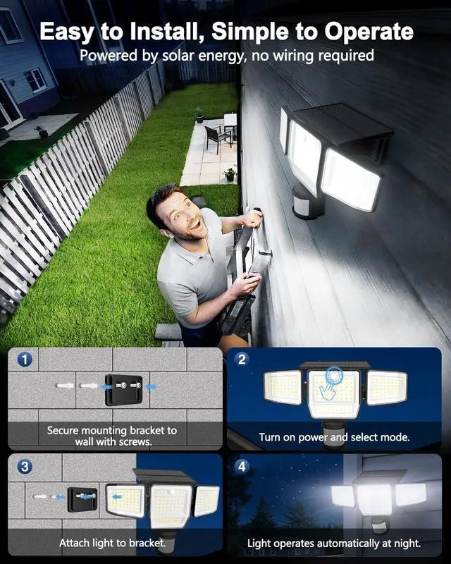 Alt view image 2 of 7 - 6000LM Solar Lights Outdoor, 4 Heads Motion Sensor Outdoor Lights, Solar Flood Lights for Yard House Outside Garage, IP65 Waterproof, 3 Modes, Easy Install, 2 Pack