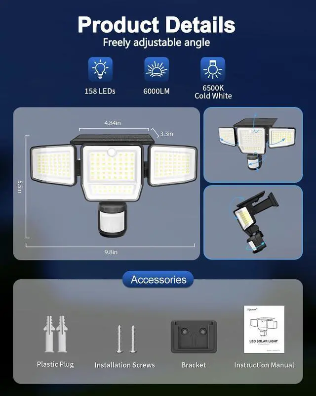 Alt view image 3 of 7 - 6000LM Solar Lights Outdoor, 4 Heads Motion Sensor Outdoor Lights, Solar Flood Lights for Yard House Outside Garage, IP65 Waterproof, 3 Modes, Easy Install, 2 Pack
