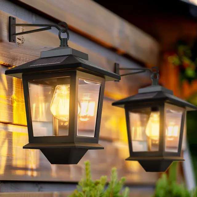 Main image of 2 Pack Solar Wall Lanterns,Outdoor Hanging Lights with 4 Solar Panels,Dusk to Dawn Led Outdoor Wall Sconce, Anti-Rust Waterproof Lanterns with Hooks,3000K Warm White