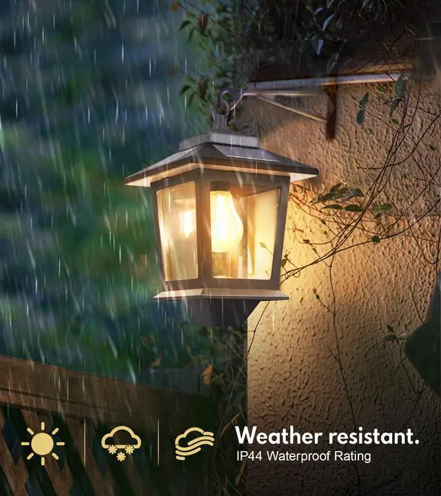 Alt view image 4 of 7 - 2 Pack Solar Wall Lanterns,Outdoor Hanging Lights with 4 Solar Panels,Dusk to Dawn Led Outdoor Wall Sconce, Anti-Rust Waterproof Lanterns with Hooks,3000K Warm White