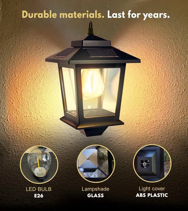 Alt view image 5 of 7 - 2 Pack Solar Wall Lanterns,Outdoor Hanging Lights with 4 Solar Panels,Dusk to Dawn Led Outdoor Wall Sconce, Anti-Rust Waterproof Lanterns with Hooks,3000K Warm White