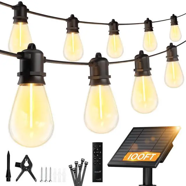 Main image of 100FT Solar String Lights Outdoor Waterproof, S14 Patio Lights | 31+2LED Shatterproof Bulb, Remote Type-C Port Timable, 3 Light Modes Dimmable Solar String Lights for Outside, Yard, Camping